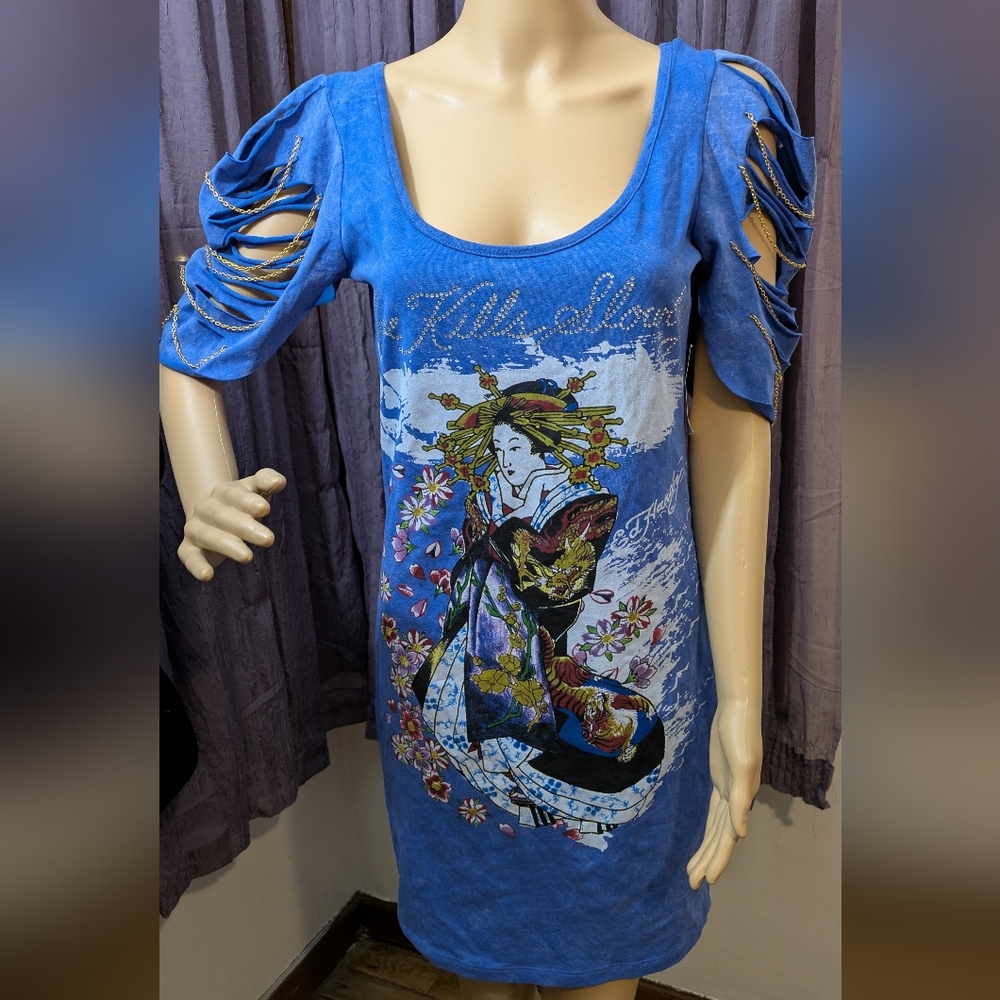 Ed Hardy Geisha Print Dress with Cut-Out Chain Sleeves Large